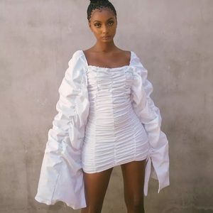 WHITE ROUCHED BELL SLEEVE DRESS